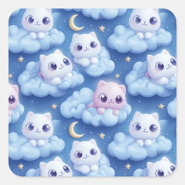 "Chubby Kawaii Cats and Clouds 3D Nahtlose Muster Quadratischer Aufkleber (Vorderseite)
