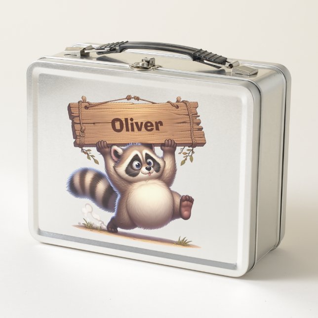 Chubby Raccoon mit benutzerdefinierbarem Namenssch Metall Brotdose (Vorderseite)