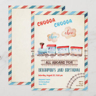 Chugga Choo Vintag Train Boy Red Blue Geburtstag Einladung