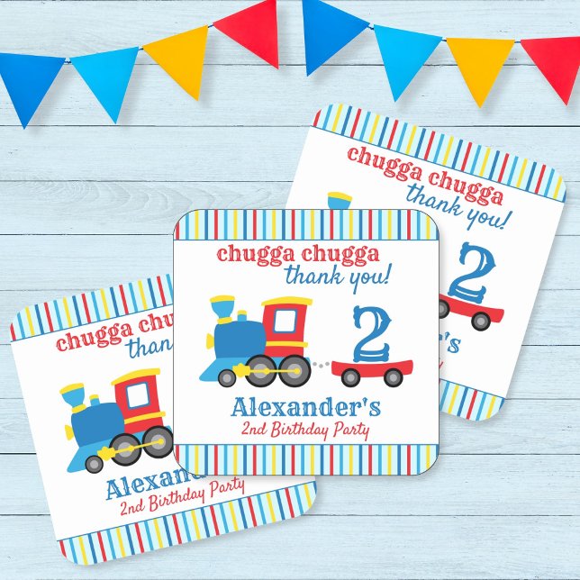Chugga Chugga Train Birthday Favor Quadratischer Aufkleber (Train stickers for a train birthday party)