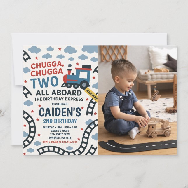 Chugga Chugga Two Train Birthday Party Foto Einladung (Vorderseite)