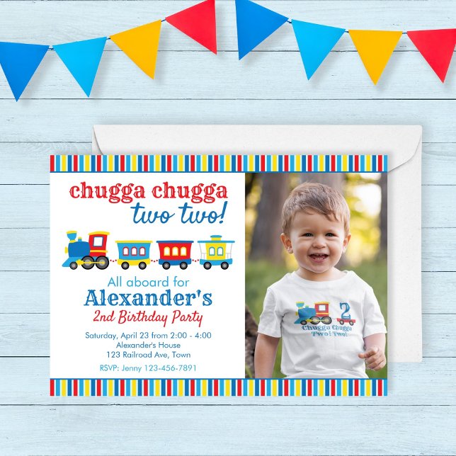 Chugga Chugga zwei Züge Geburtstag Einladung (chugga chugga two two! Invitation for a train birthday party for a two year old. primary colors)