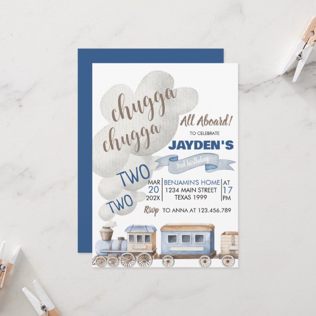 Chugga Chugga zwei zwei alle Zug an Bord Geburtsta Einladung (Vorderseite/Rückseite Beispiel)