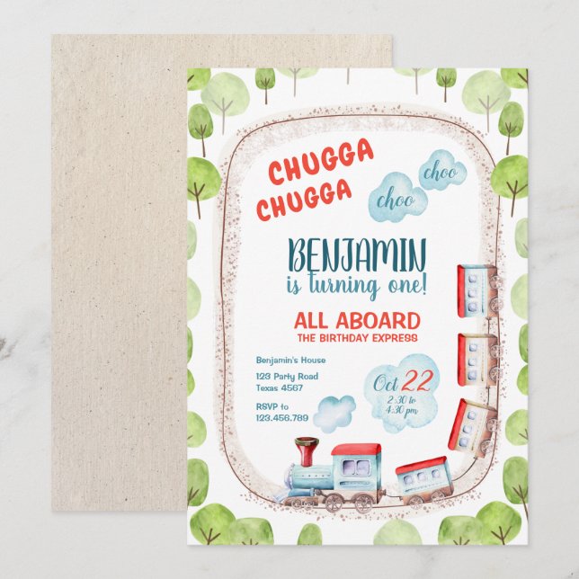 Chugga Train Choo Boy Red Blue Einladung (Vorne/Hinten)