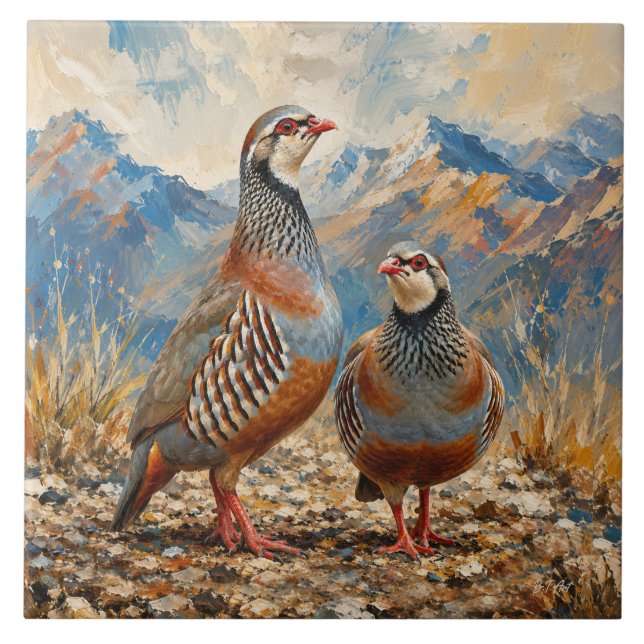 Chukar Rebhuhn-Paar-Kunst  Fliese (Vorderseite)