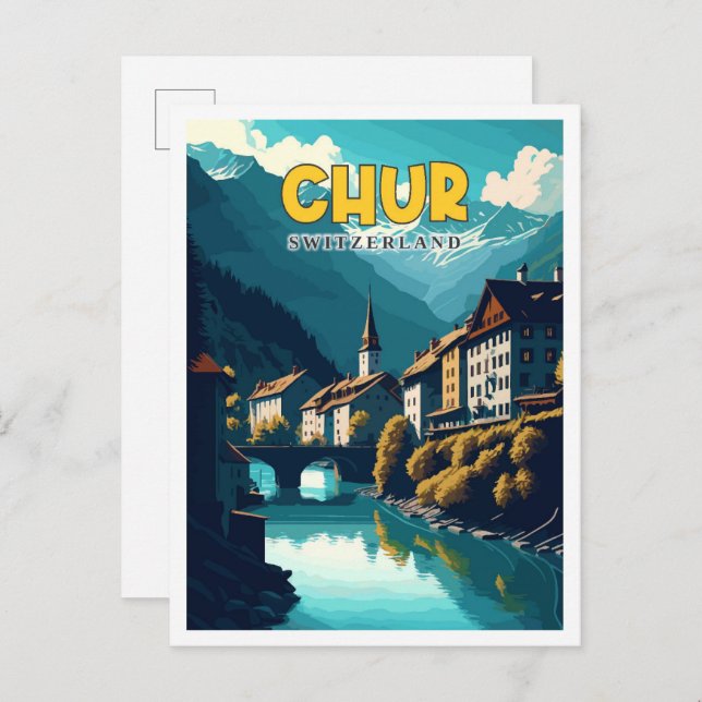 Chur Switzerland Vintage Illustration Postkarte (Vorne/Hinten)