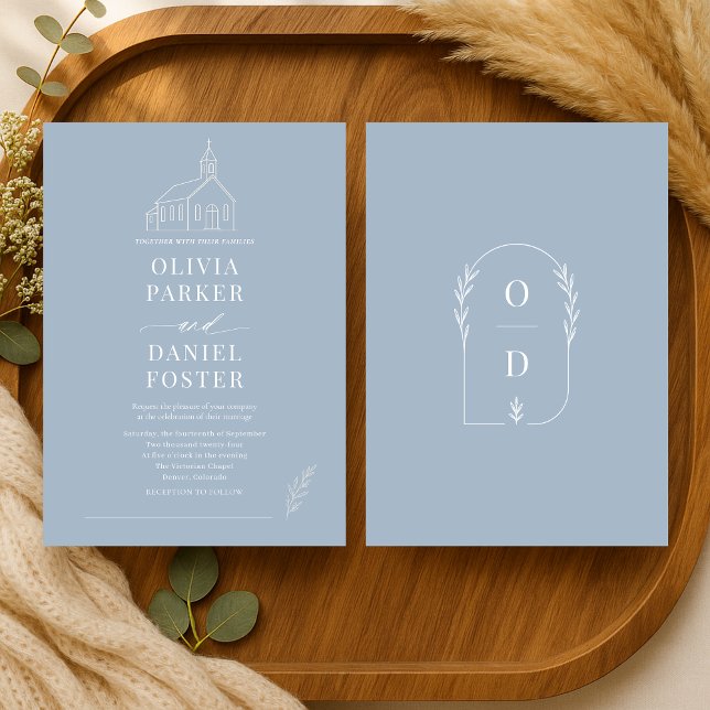 Church Chapel Dusty Blue Line Art Wedding Einladung (Von Creator hochgeladen)