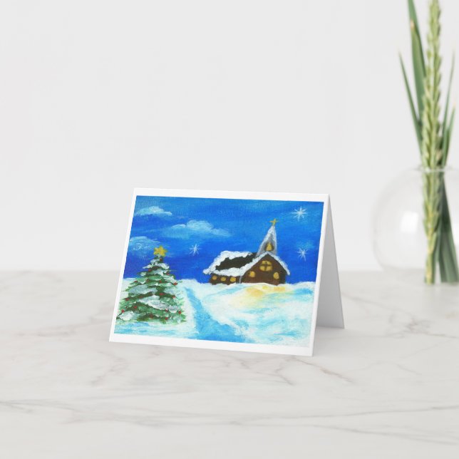 Church Christmas Tree Landscape Art Snow Stars Feiertagskarte (Vorderseite)