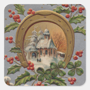 Church Holly Vierblättriges Kleeblatt Gold Horsesh Quadratischer Aufkleber