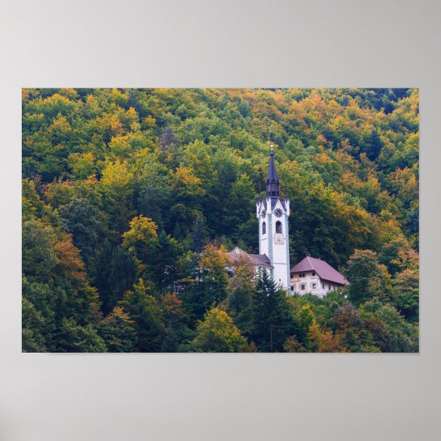 Church in a fall forest in Slovenia Poster (Vorne)