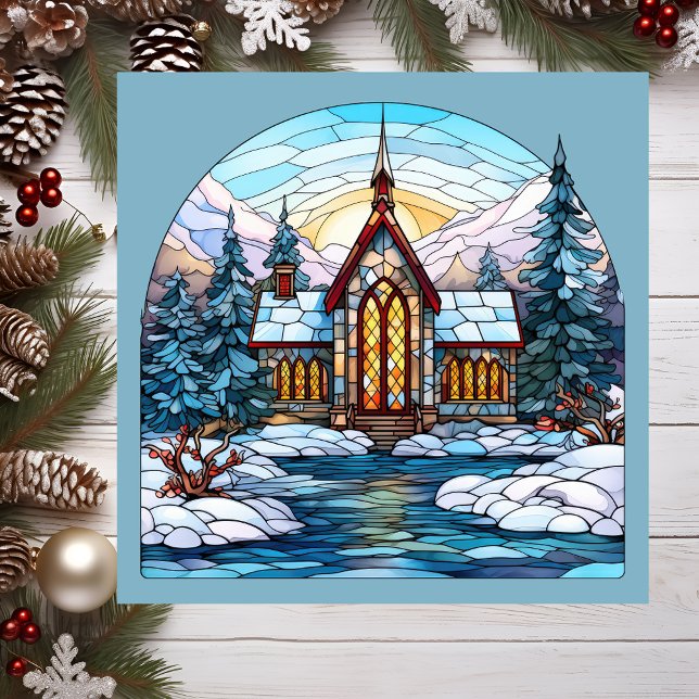 Church Steepe Christmas Magnetic Card Magnetkarte (Stained glass church scene.)
