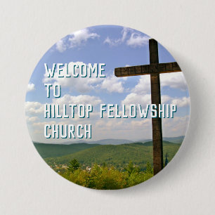 Church Welcome Button Wooden Cross Custom Text