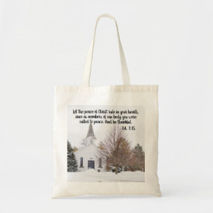Church Winter Snow Bible Verse Foto Tragetasche
