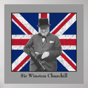 Churchill Posing mit einer Tommy-Waffe Poster