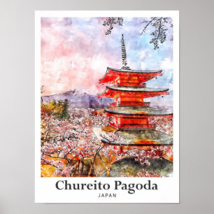 Chureito Pagoda Japan Reisen Wasserfarbe Hand gezo Poster