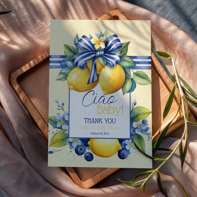 Ciao Baby Blue Bow Tile Lemon Baby Shower Dankeskarte (Von Creator hochgeladen)