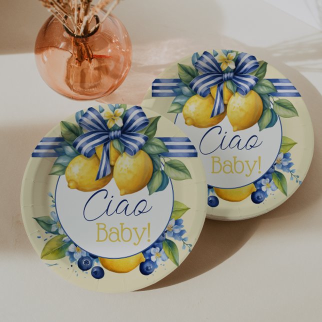 Ciao Baby Blue Bow Tile Lemon Babydusche Pappteller (Von Creator hochgeladen)