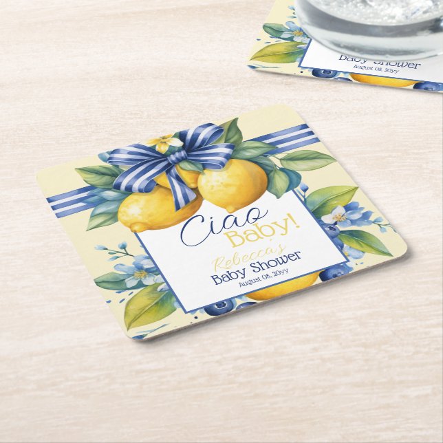 Ciao Baby Blue Bow Tile Lemon Babydusche Rechteckiger Pappuntersetzer (angewinkelt)
