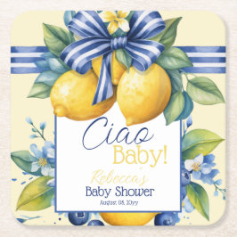 Ciao Baby Blue Bow Tile Lemon Babydusche Rechteckiger Pappuntersetzer