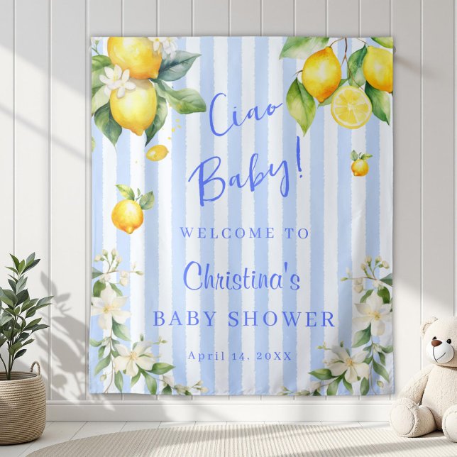 Ciao Baby Blue Citrus Lemons Baby Shower Backdrop Wandteppich (Ciao Baby Blue Stripe Lemons Baby Shower Backdrop)