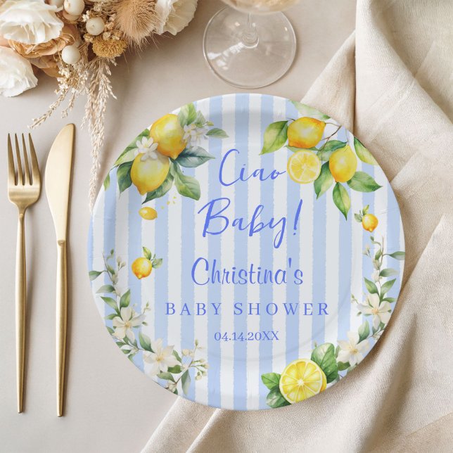 Ciao Baby Blue Lemons Baby Shower Paper Plate Pappteller (Ciao Baby Blue Stripe Lemons Baby Shower plates)