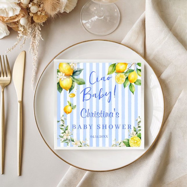 Ciao Baby Blue Lemons Baby Shower Serviette (Blue Citrus Lemons Ciao Baby Napkins)