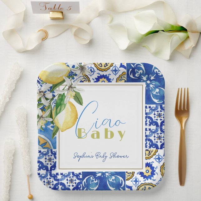 Ciao Baby Blue Tile Citrus Lemon Babydusche Pappteller (Hochzeit)