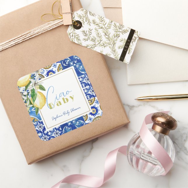 Ciao Baby Blue Tile Citrus Lemon Babydusche Quadratischer Aufkleber (Schenken)