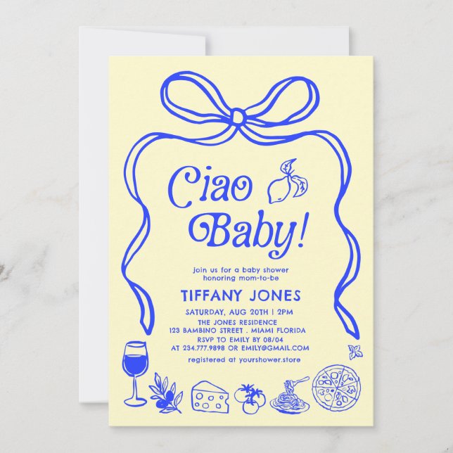 Ciao Baby Blue Yellow Italian Lemons Baby Dusche Einladung (Vorderseite)