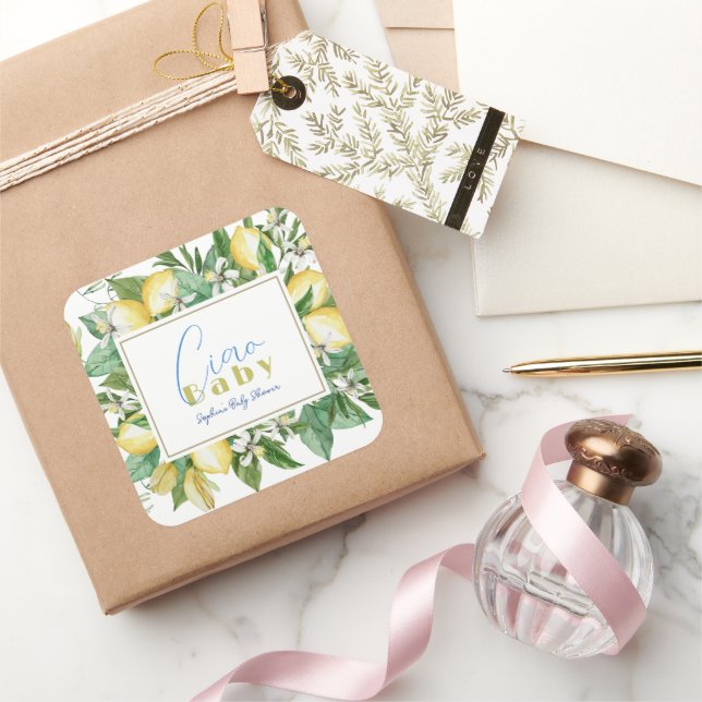 Ciao Baby Citrus Lemon Baby Shower Quadratischer Aufkleber (Schenken)