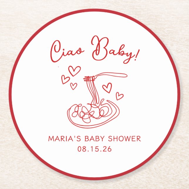 Ciao Baby! Handgezeichnete italienische Pasta Baby Runder Pappuntersetzer (Vorderseite)