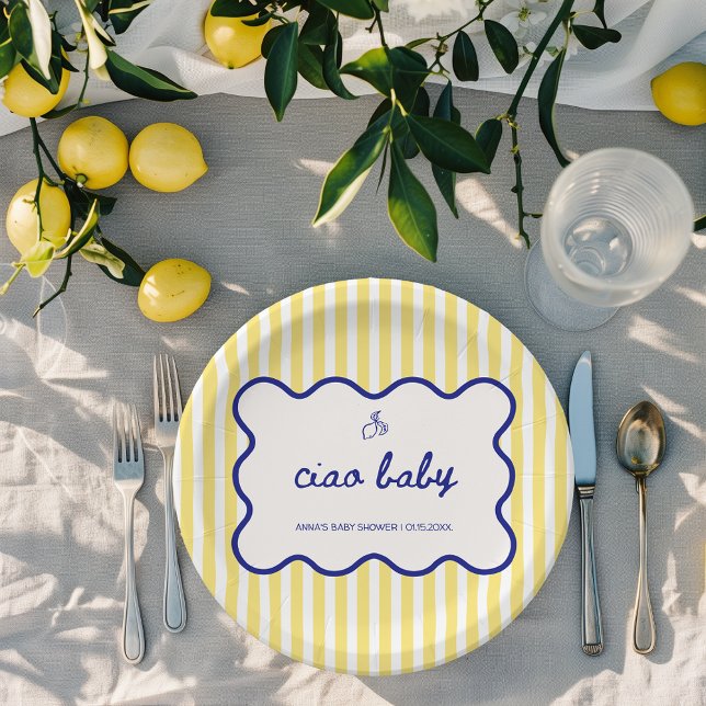 Ciao Baby Handgezogenes Blue & Yellow Baby Dusche Pappteller (ciao baby yellow stripes hand drawn italian baby shower personalized paper plates)