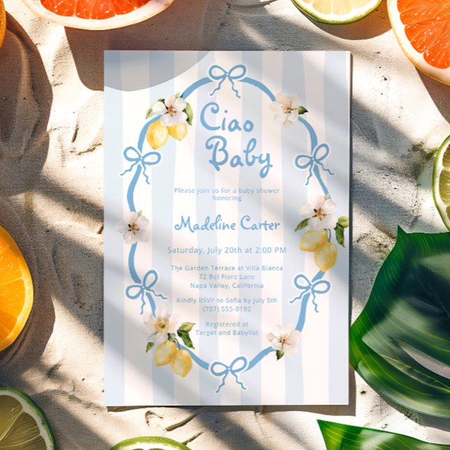 Ciao Baby Italian Lemon Blue Bows Baby Dusche Einladung (Von Creator hochgeladen)