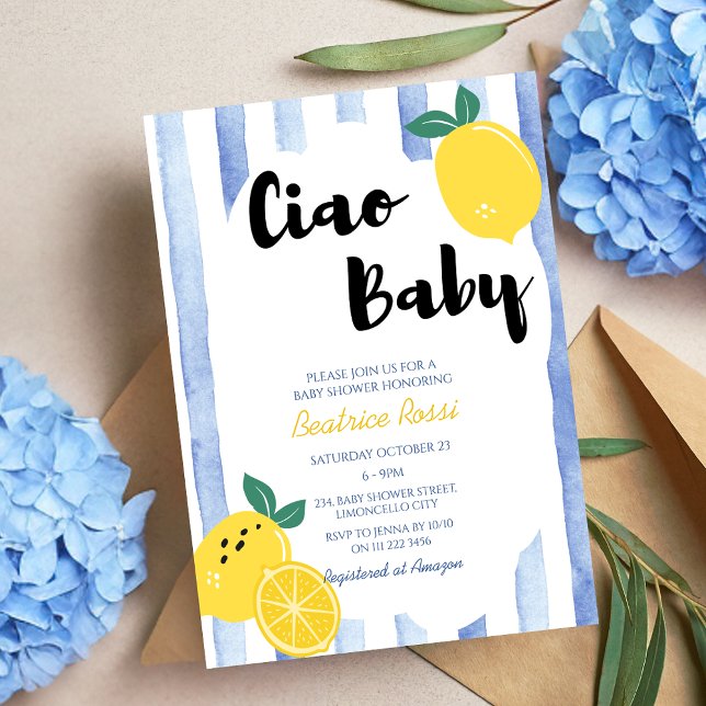 Ciao Baby Italian Whimsical Lemon Baby Dusche Einladung (Ciao Baby Italian Whimsical Lemon Baby Shower Invitation)