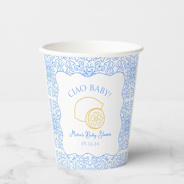 Ciao Baby! Lemon Blue Italian Baby Dusche Pappbecher (Vorderseite)