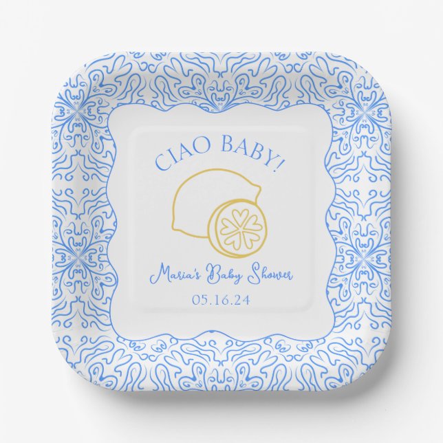 Ciao Baby! Lemon Blue Italian Baby Dusche Pappteller (Vorderseite)