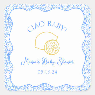 Ciao Baby! Lemon Blue Italian Baby Dusche Quadratischer Aufkleber