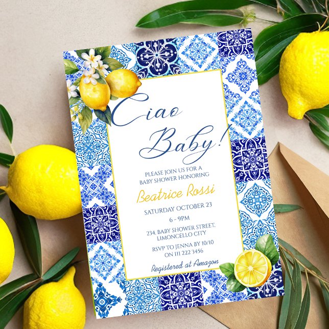 Ciao Baby Lemon Blue Tiles Italian Baby Shower Einladung (Ciao Baby Lemon Blue Tiles Italian Baby Shower Invitations)