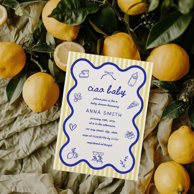 Ciao Baby Lemon Italienische Handgezogene Babydusc Einladung (Ciao Baby Italian Inspired Baby Shower Hand Drawn Citrus Lemon Ciao Bambino Pizza Party Aesthetic)