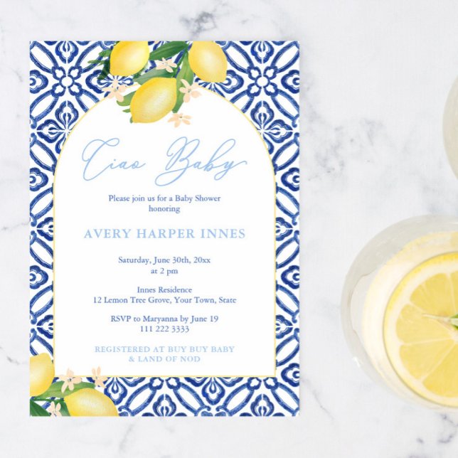 Ciao Baby Lemons Baby Dusche Party für Jungen Einladung (Ciao baby boy! Amalfi inspired baby shower party invite with blue tile background lemons arch shape)