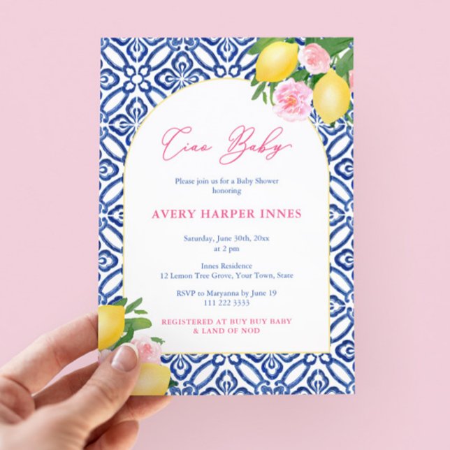 Ciao Baby Lemons Pink Cobalt Blue Girl Baby Dusche Einladung (Ciao baby! Italian inspired baby shower invite for girl with lemons, pink flowers and blue tiles)