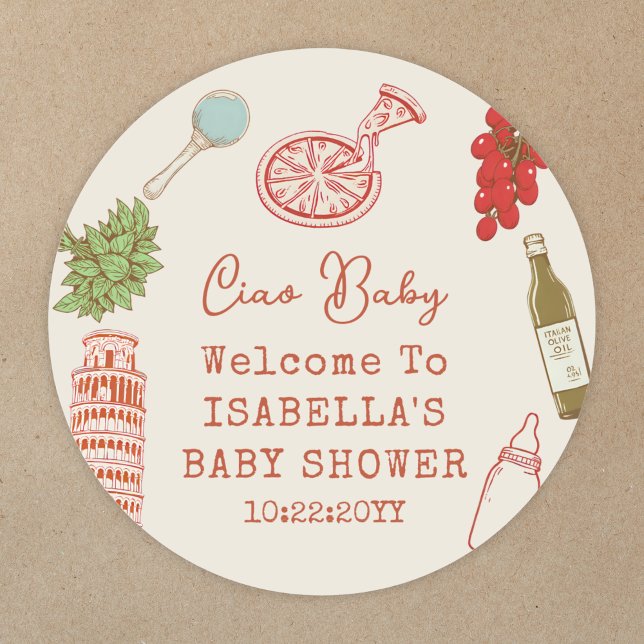 Ciao Baby Line Art Italian Pizza Baby Shower Runder Aufkleber (Von Creator hochgeladen)