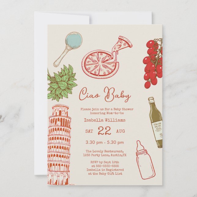 Ciao Baby Line Work Italian Pizza Baby Shower Einladung (Vorderseite)