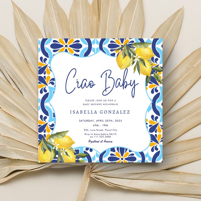 Ciao Baby Mediterranean Majolica Tile Lemon Dusche Einladung (Ciao Baby Mediterranean Majolica Tile Lemon Shower Invitation)