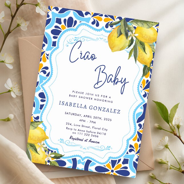 Ciao Baby Mediterranean Majolica Tiles Dusche Einladung (Ciao Baby Mediterranean Majolica Tiles Shower Invitation)