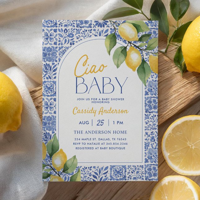 Ciao Baby Mediterranean Tiles Lemon Baby Shower Einladung (Von Creator hochgeladen)