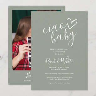 Ciao Baby Shower Herz Neutral Sagegrün Foto Einladung