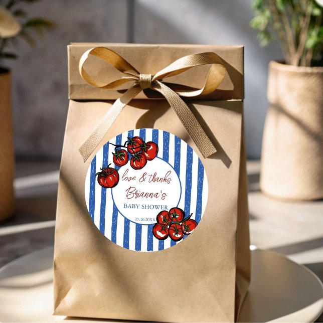 Ciao baby tomato blue Italian baby shower favor Runder Aufkleber (Ciao baby tomato blue stripes  Italian farmers market baby shower personalized favor  Stickers)