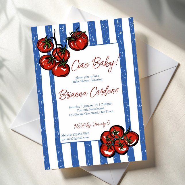 Ciao baby tomato blue stripes Italian baby shower Einladung (Ciao baby cherry tomato blue stripes Italian baby shower Invitation cards template)