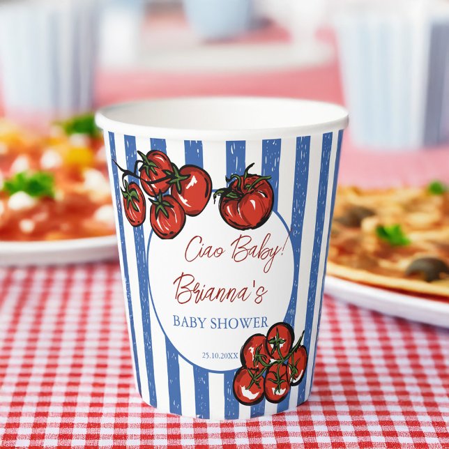 Ciao baby tomato blue stripes Italian baby shower Pappbecher (Ciao baby cherry tomato blue stripes Italian farmers market baby shower personalized Paper Cups)